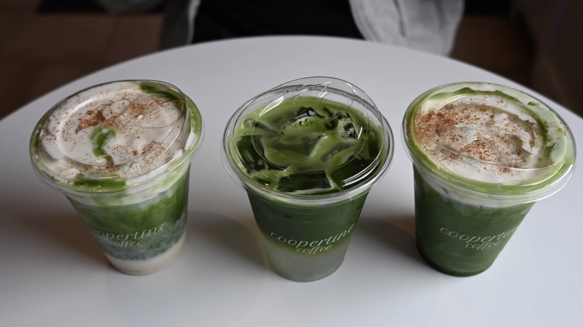 Three Coopertine matcha drinks lined up